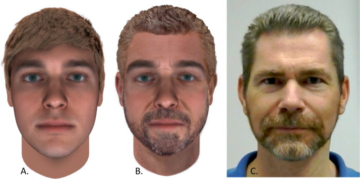 Three faces: one aged 25, one aged 52 with a beard, and
an actual photo of the subject
